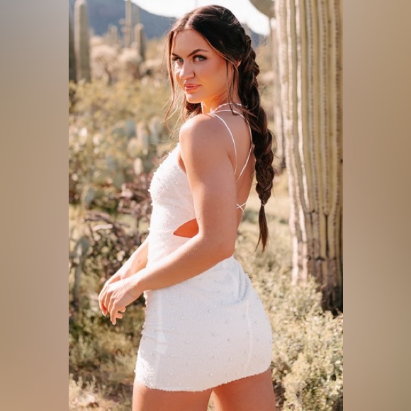 Time Of Our Lives Beaded Mesh Backless Mini Dress (White) - Picture 4 of 4